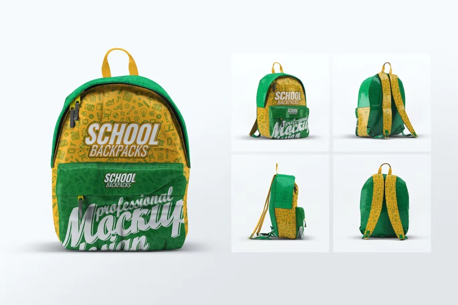 3201 6款多角度学生书包双肩背包PSD样机素材 School Backpacks Mock-Up