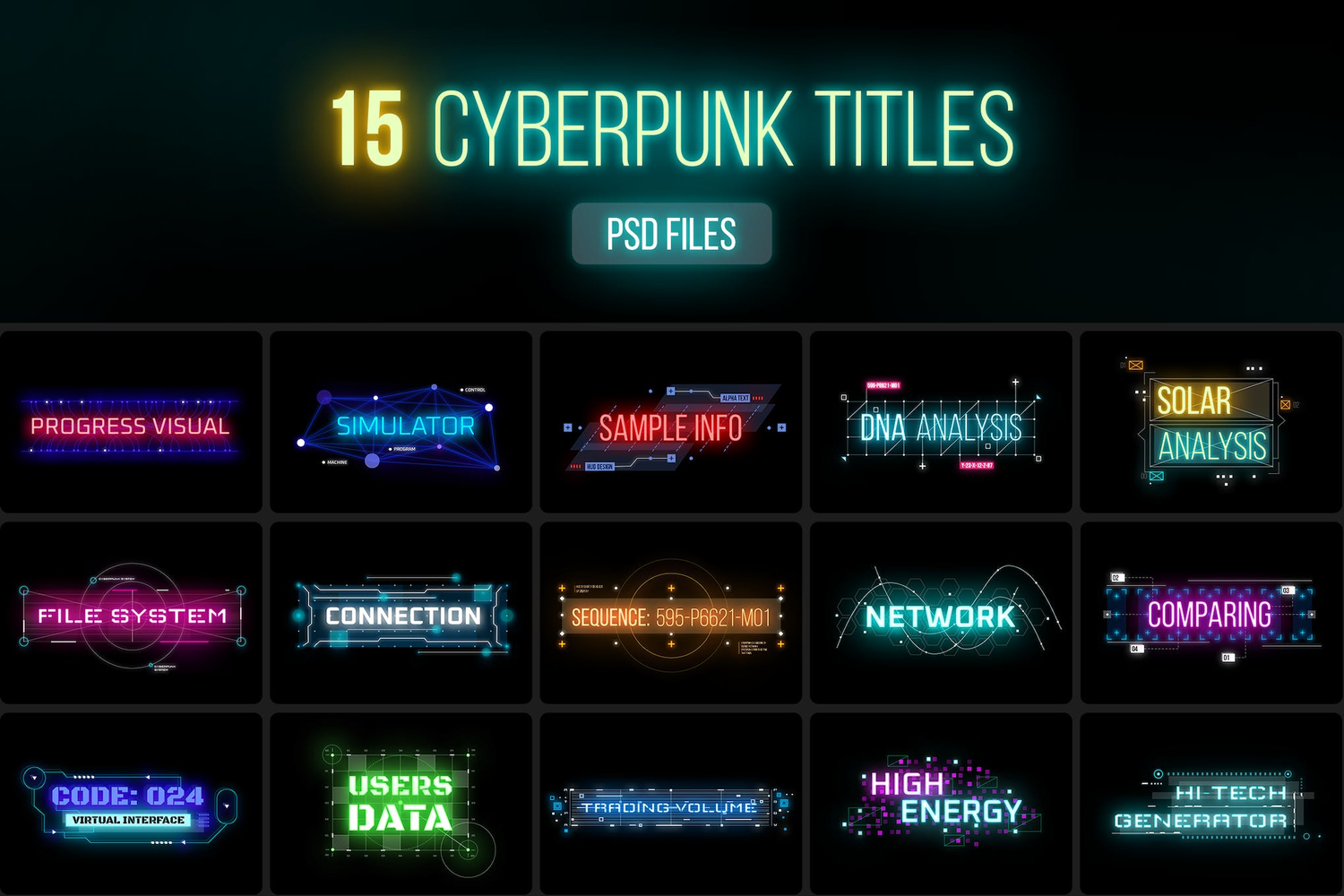 3216 15款赛博朋克标题对话框PS源文件素材 Cyberpunk Titles