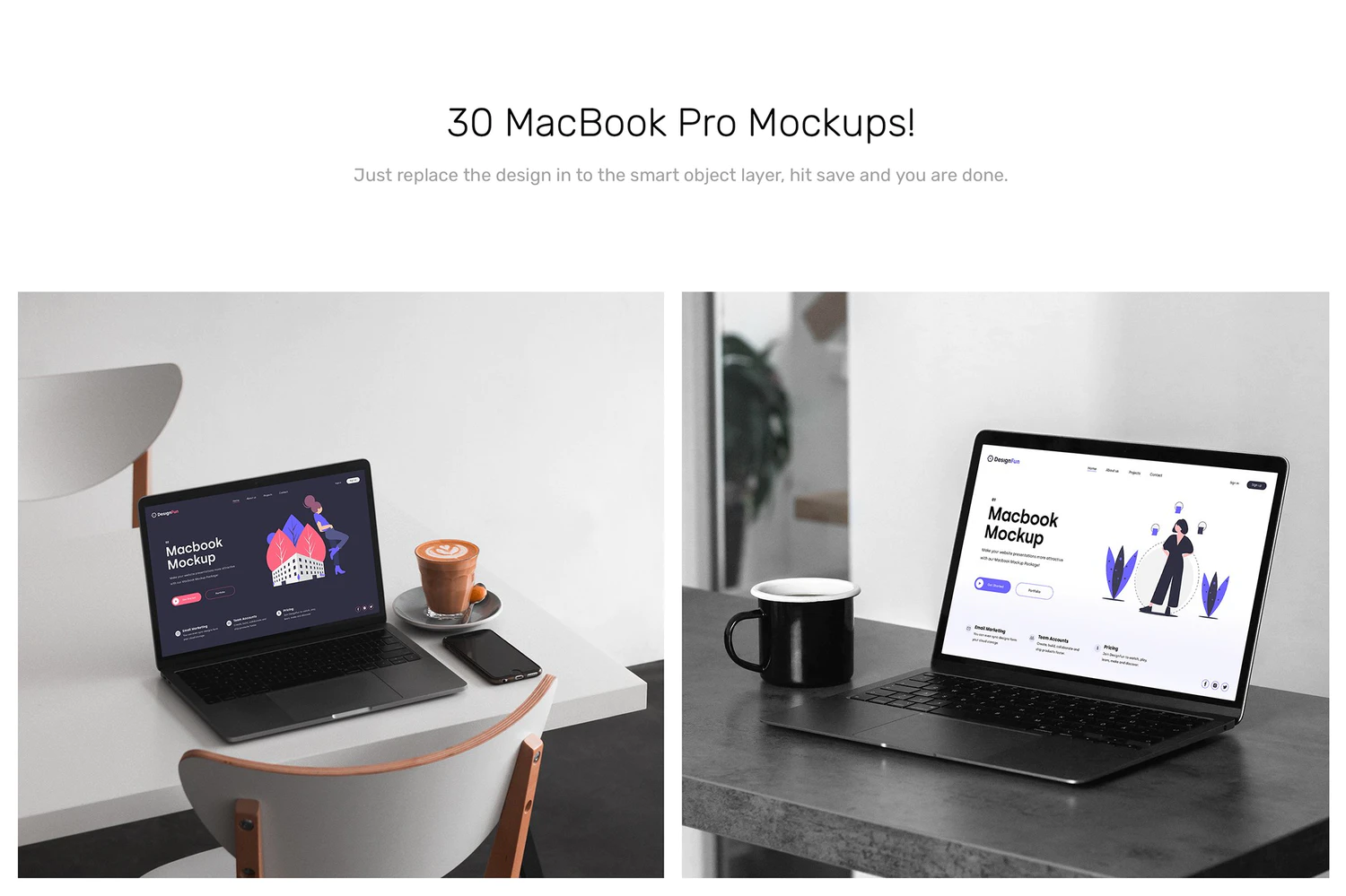 3232 30款苹果Macbook笔记本电脑ui界面贴图ps样机素材场景展示效果 MacBook Mockups – Workspace Mockups