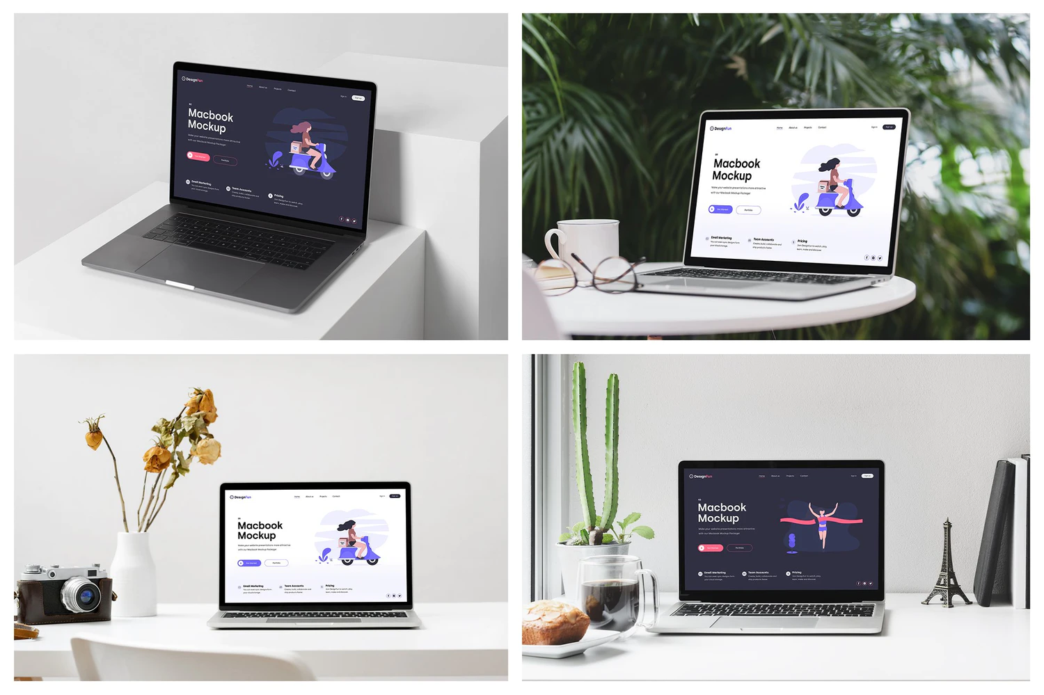 3232 30款苹果Macbook笔记本电脑ui界面贴图ps样机素材场景展示效果 MacBook Mockups – Workspace Mockups