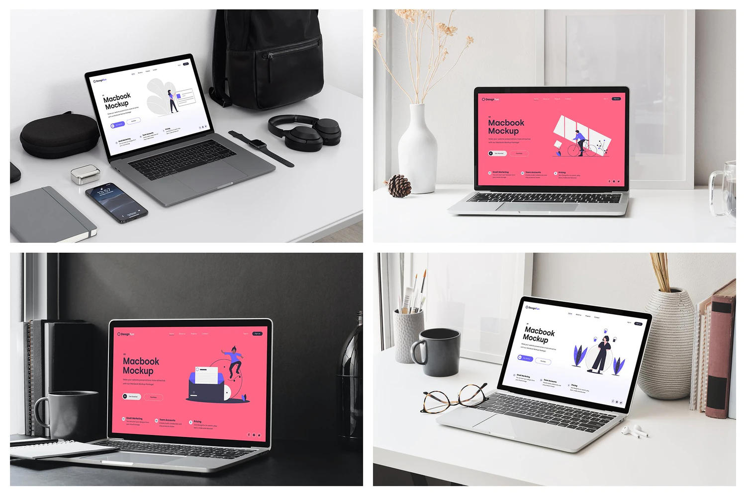 3232 30款苹果Macbook笔记本电脑ui界面贴图ps样机素材场景展示效果 MacBook Mockups – Workspace Mockups