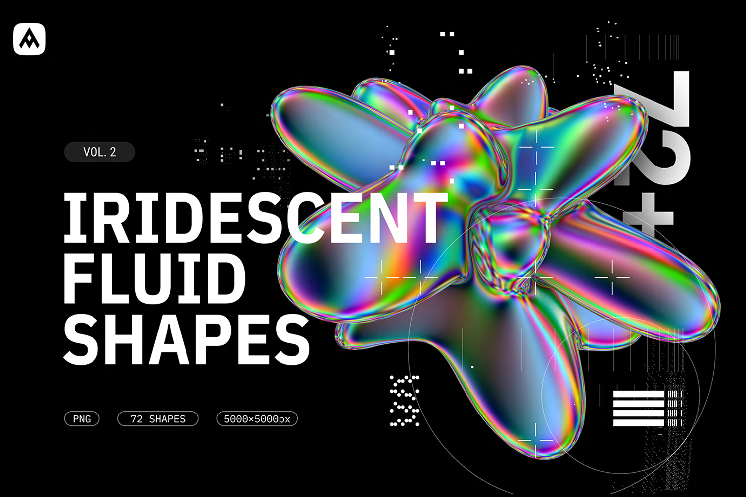 3244 72款艺术抽象金属镭射全息虹彩气泡液体png免抠背景底纹图片素材 Iridescent fluid 3D shapes pack