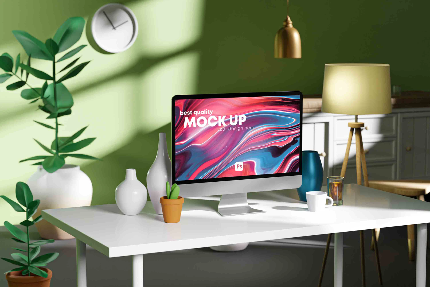 3296 4款3D桌面场景电脑设备屏幕演示UI设计样机 Home Office Workspace Computer Desktop PC Mockup
