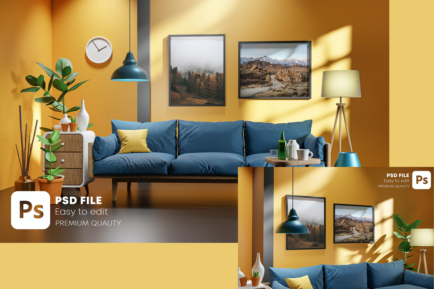 3324 室内3D客厅场景画框相框海报贴图样机素材 Two Frame Artwork Template Mockup Yellow Wall 3D