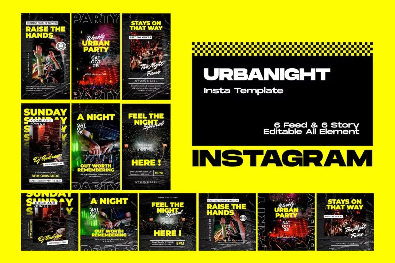 3331 嘻哈潮流做旧褶皱潮牌海报排版PSD源文件模板 Urbanight Party Instagram Template