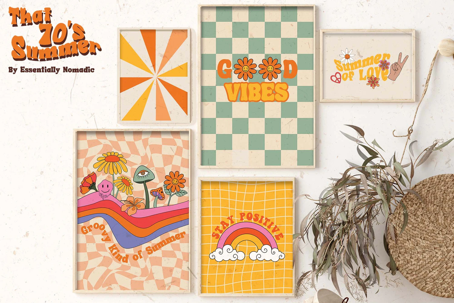 3334 70年代复古波西米亚风海滩元素植物花卉创意图形矢量设计素材 A Joyful Retro Graphic Collection