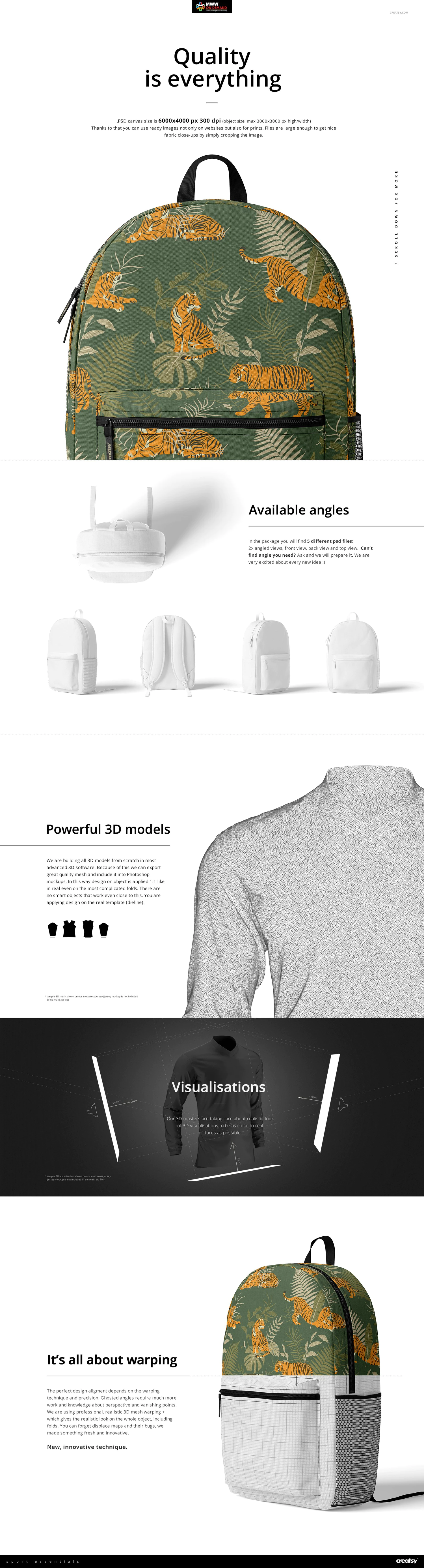 3385 双肩背包书包电脑包印花图案设计作品贴图ps样机素材展示效果模板 Polyester Backpack Mockup