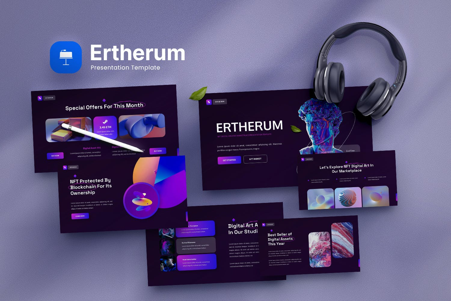 3411 NFT数字艺术创意多用途潮酷Keynote模板 Ertherum – NFT Digital Keynote Template