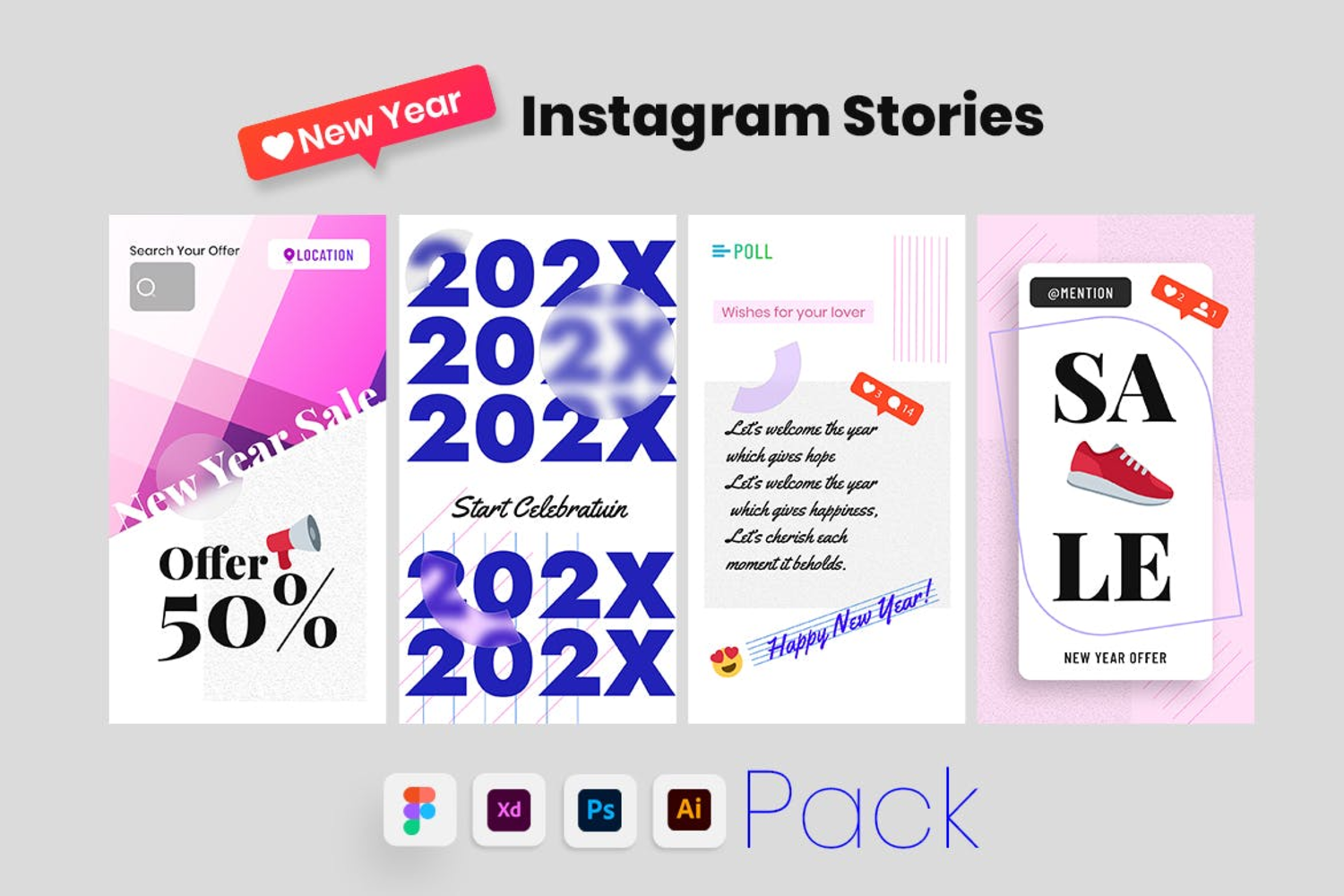 3415 ins2022年社交媒体磨砂bolobanner海报设计模板集合 new-year-instagram-stories-template