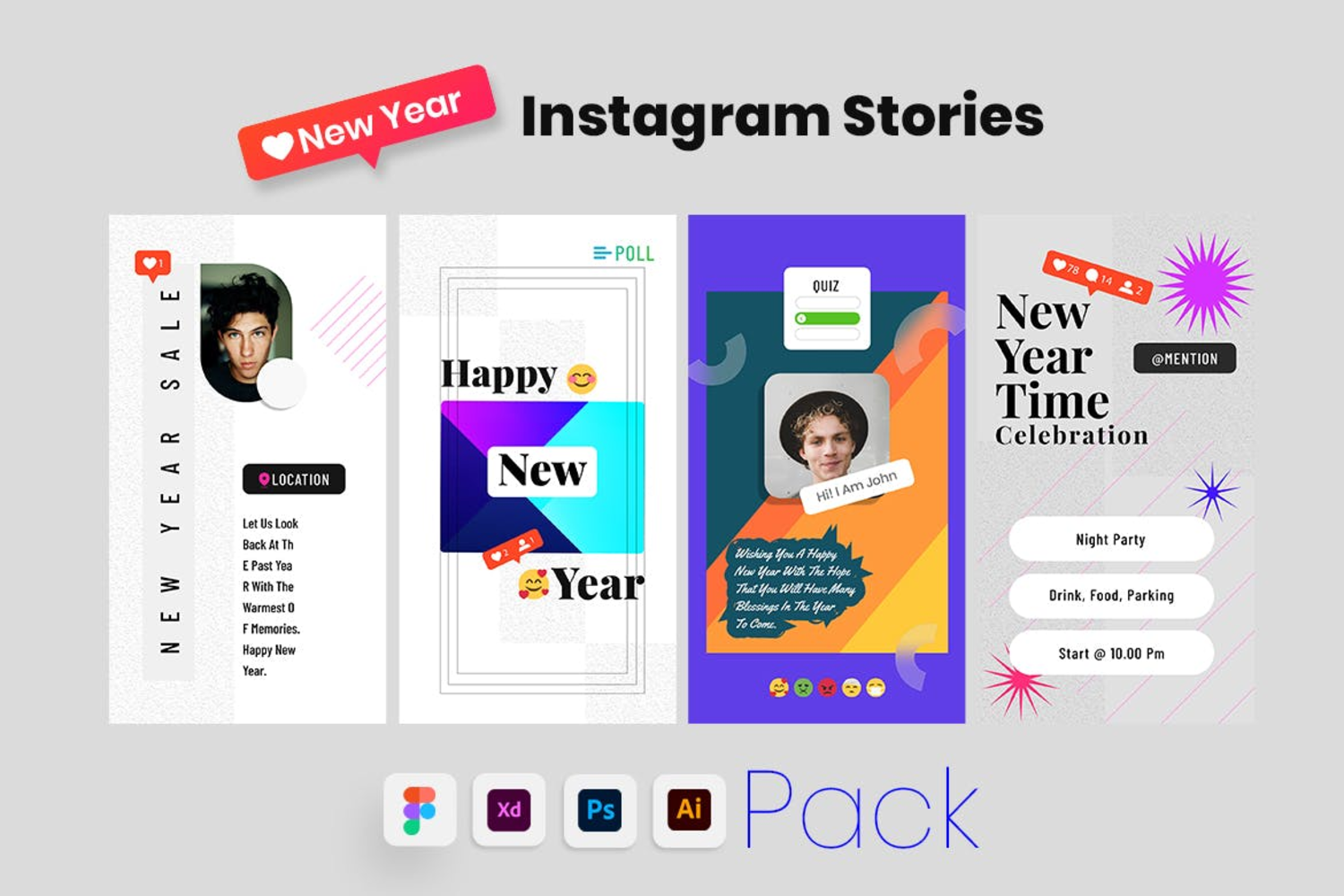 3415 ins2022年社交媒体磨砂bolobanner海报设计模板集合 new-year-instagram-stories-template