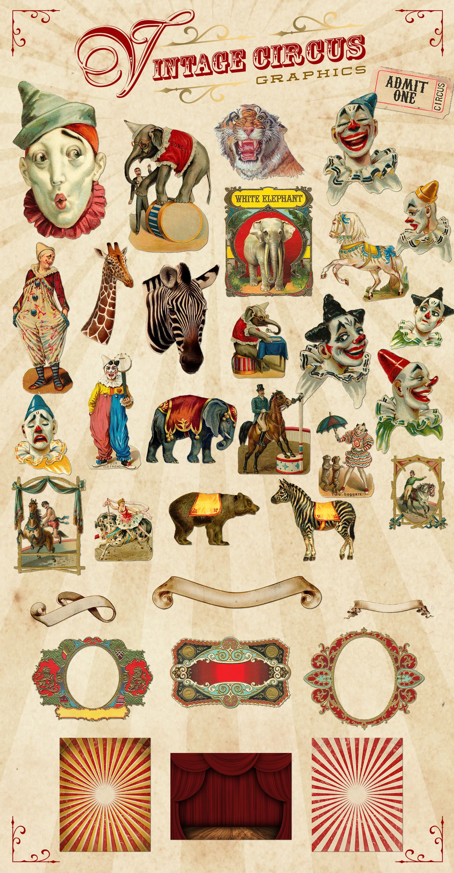 3466 复古老式马戏团小丑动物手绘插画插图拼贴png免抠图片国外设计素材 Vintage Circus Graphics