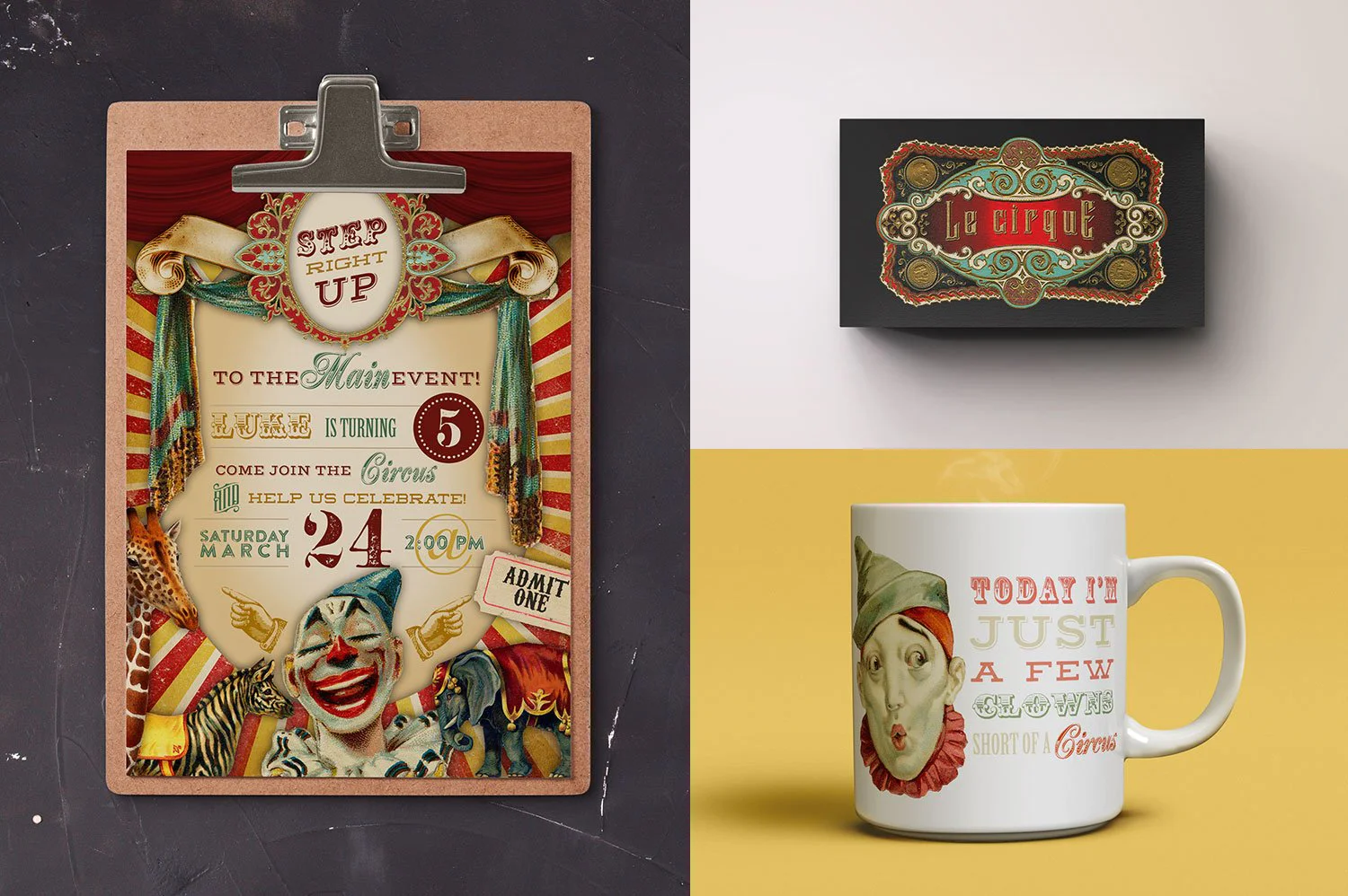 3466 复古老式马戏团小丑动物手绘插画插图拼贴png免抠图片国外设计素材 Vintage Circus Graphics
