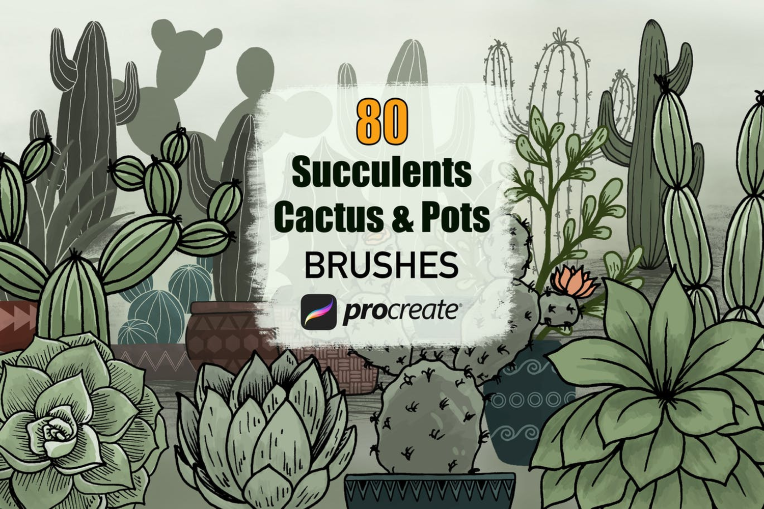 3486 80种仙人掌多肉植物和花盆Procreate软件笔刷 Cactus Succulents and Pots – Procreate Brushes