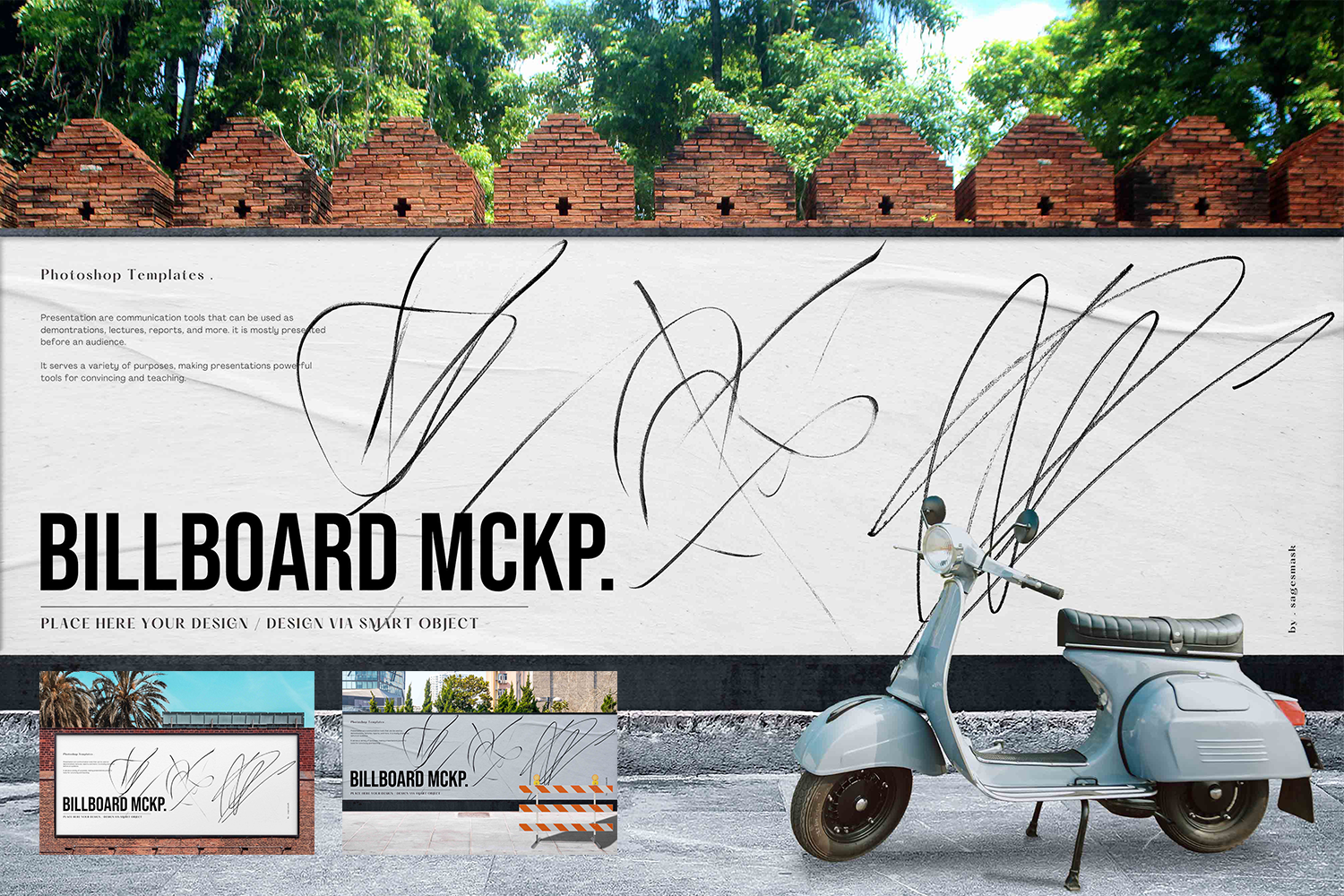 3521 3款户外墙体围挡工地广告牌手绘墙绘PSD样机 Billboard Mockups