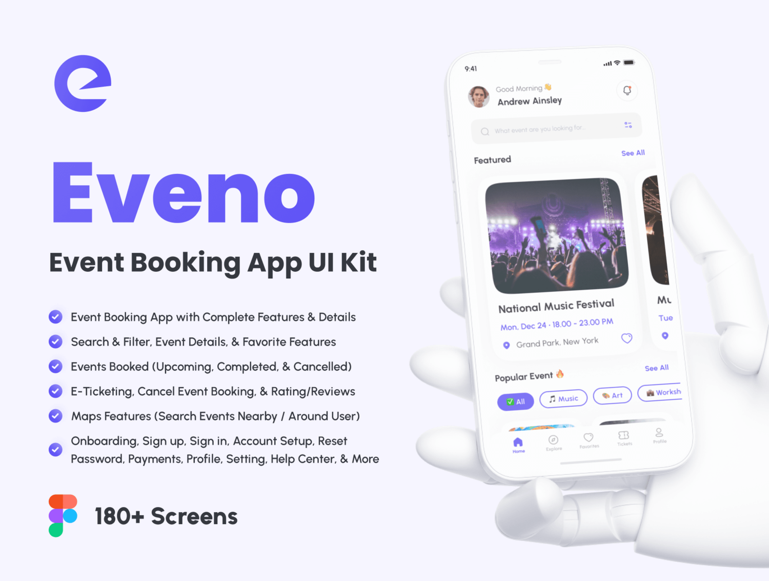 3526 180屏音乐演唱会线下活动在线票务预订app界面设计ui套件明暗模板 Eveno – Event Booking App UI Kit