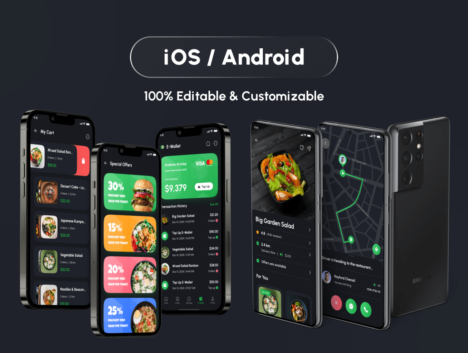 3527 180屏美食外卖在线订餐配送app界面设计ui套件明暗模板 Foodu – Food Delivery App UI Kit