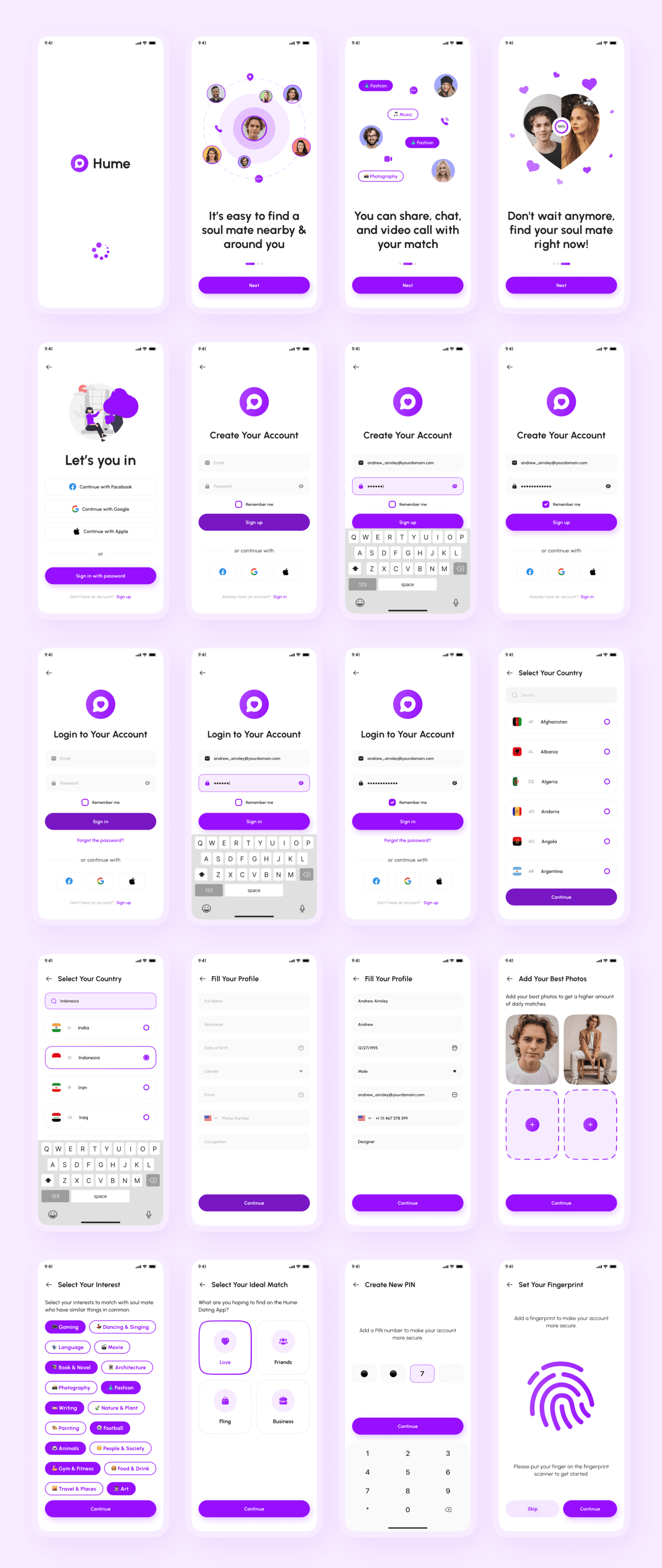 3528 130屏国外在线交友聊天约会见面社交媒体app界面设计紫色ui套件模板 Hume – Dating App UI Kit