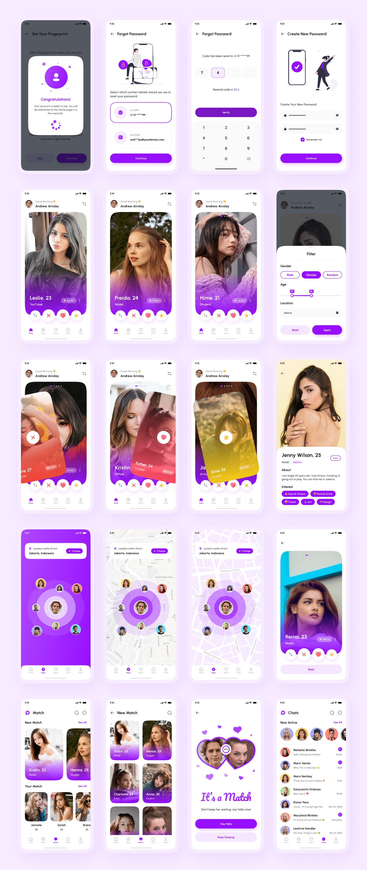 3528 130屏国外在线交友聊天约会见面社交媒体app界面设计紫色ui套件模板 Hume – Dating App UI Kit
