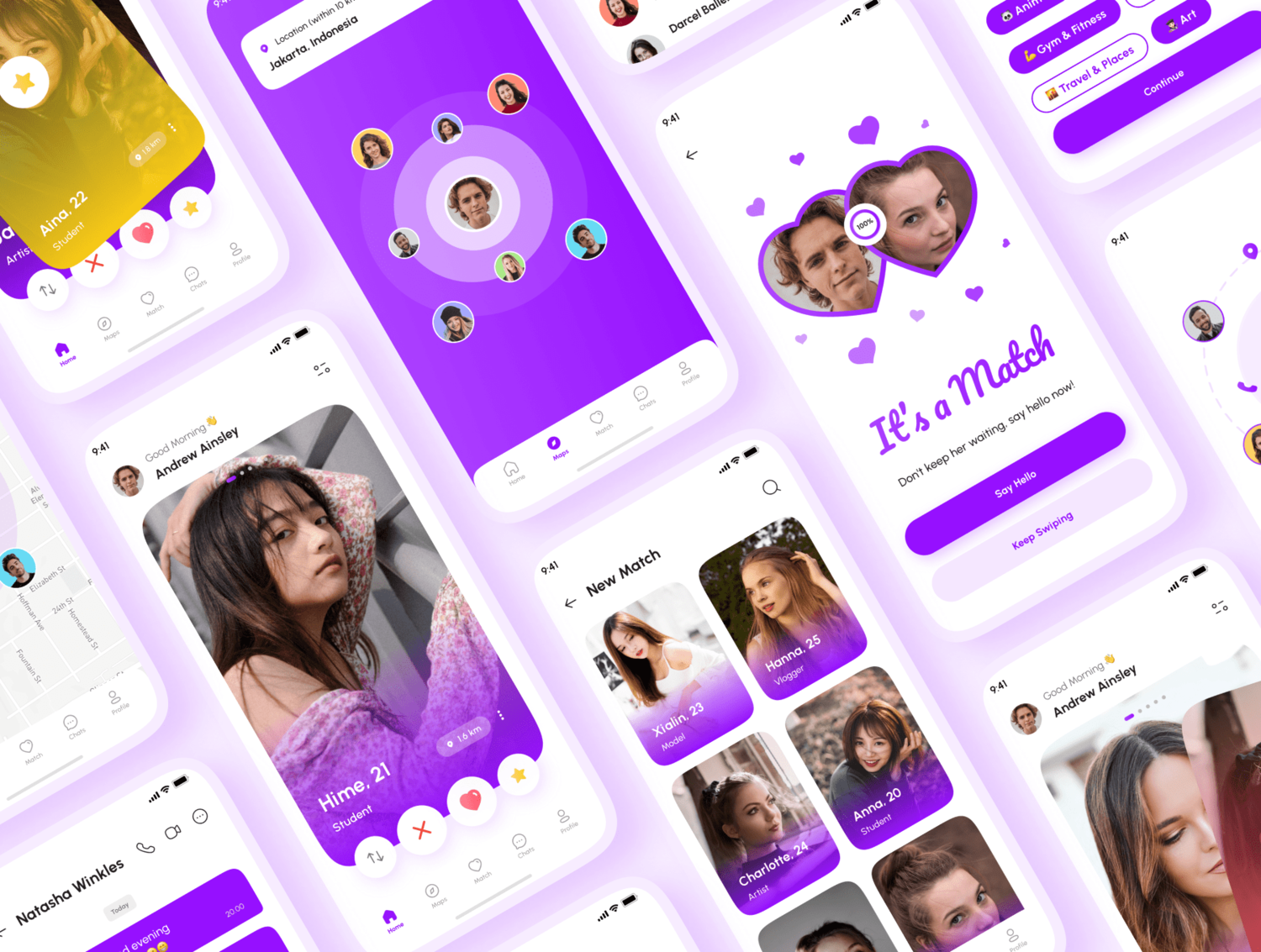 3528 130屏国外在线交友聊天约会见面社交媒体app界面设计紫色ui套件模板 Hume – Dating App UI Kit