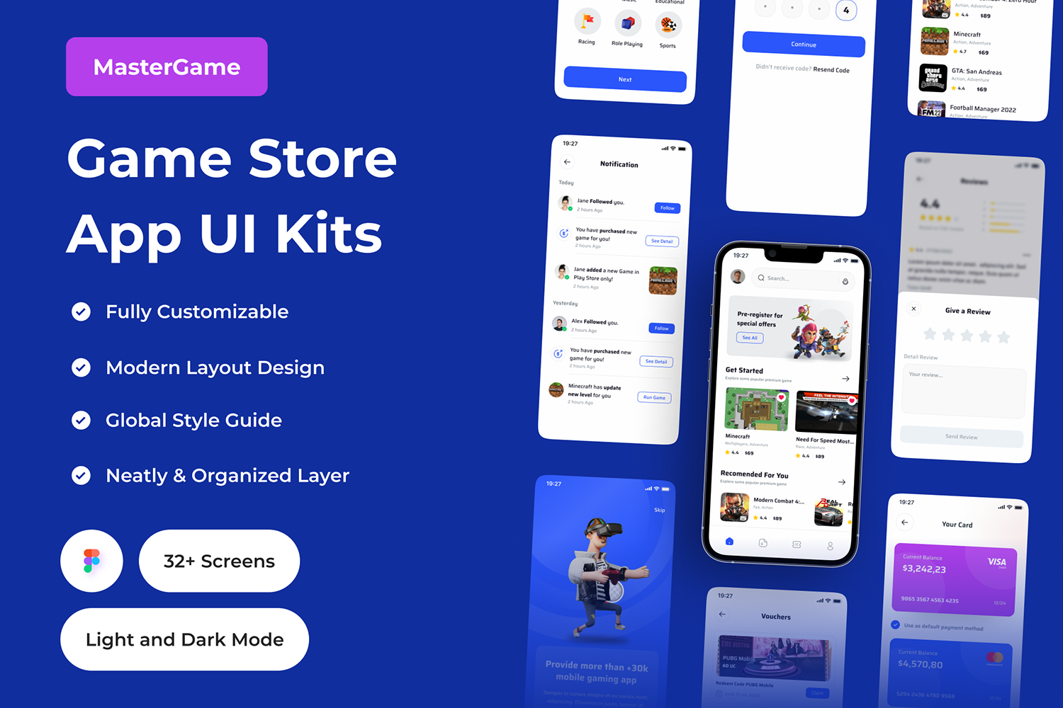 3530 深色和浅色版本的游戏类型应用商店app布局设计figma模板MasterGame – Game Store App UI Kit