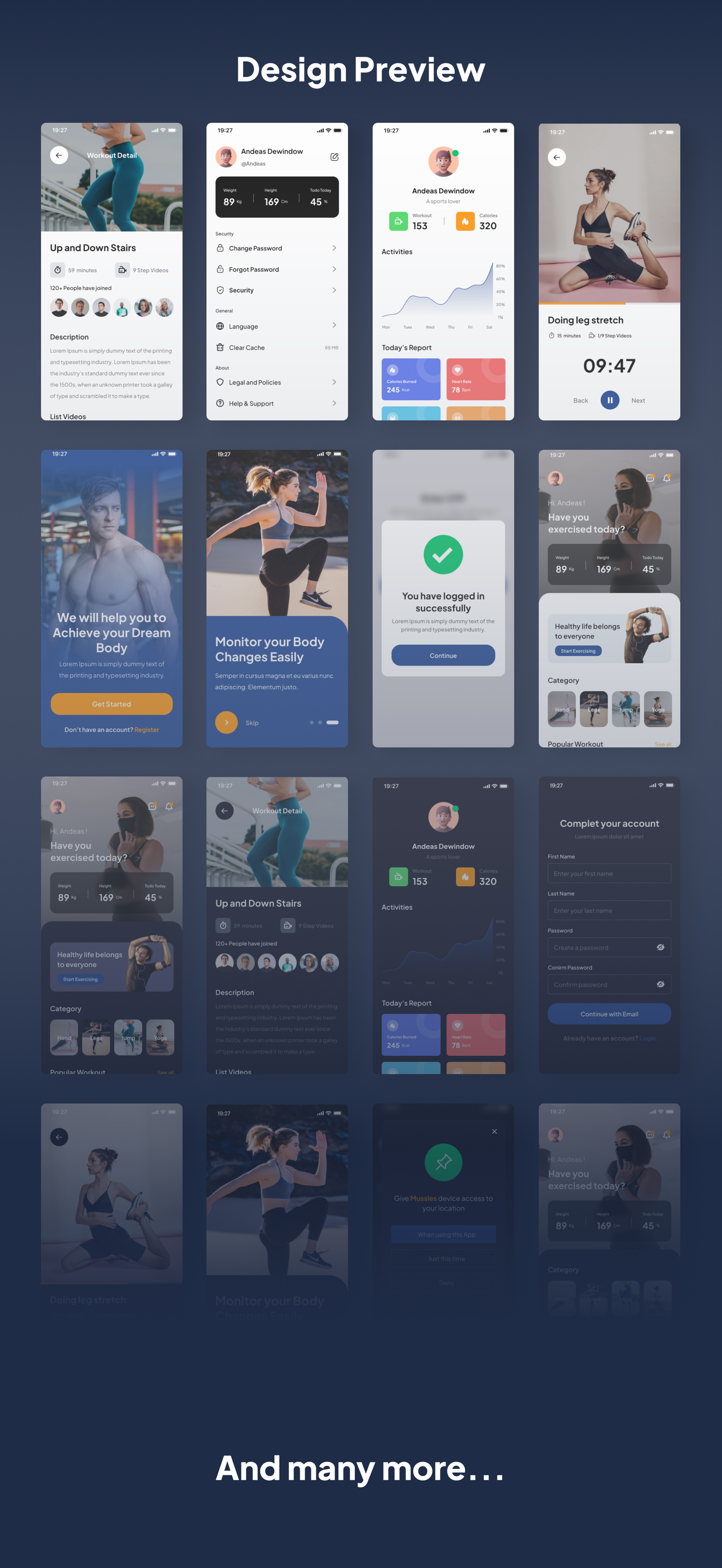 3532 手机健身锻炼跑步打卡app应用ui界面设计模板Mussles – Workout Apps UI Kits