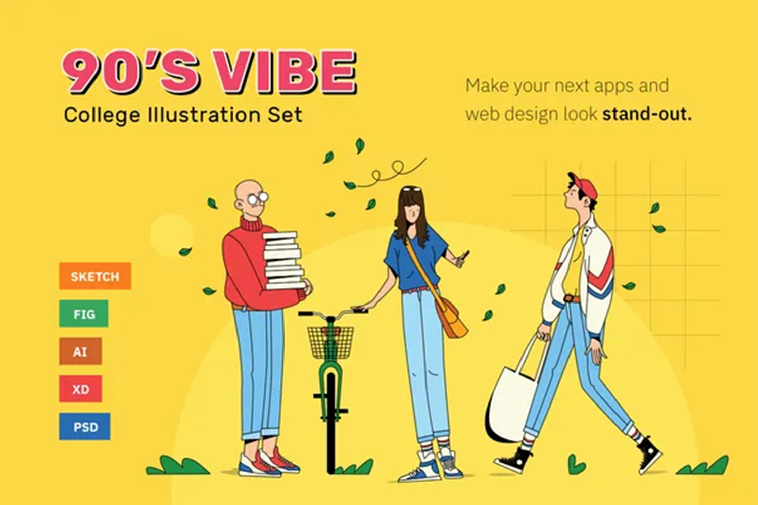 3550 90年代大学生活人物插画设计图片psd文件下载 90’s Vibes – College Illustrations