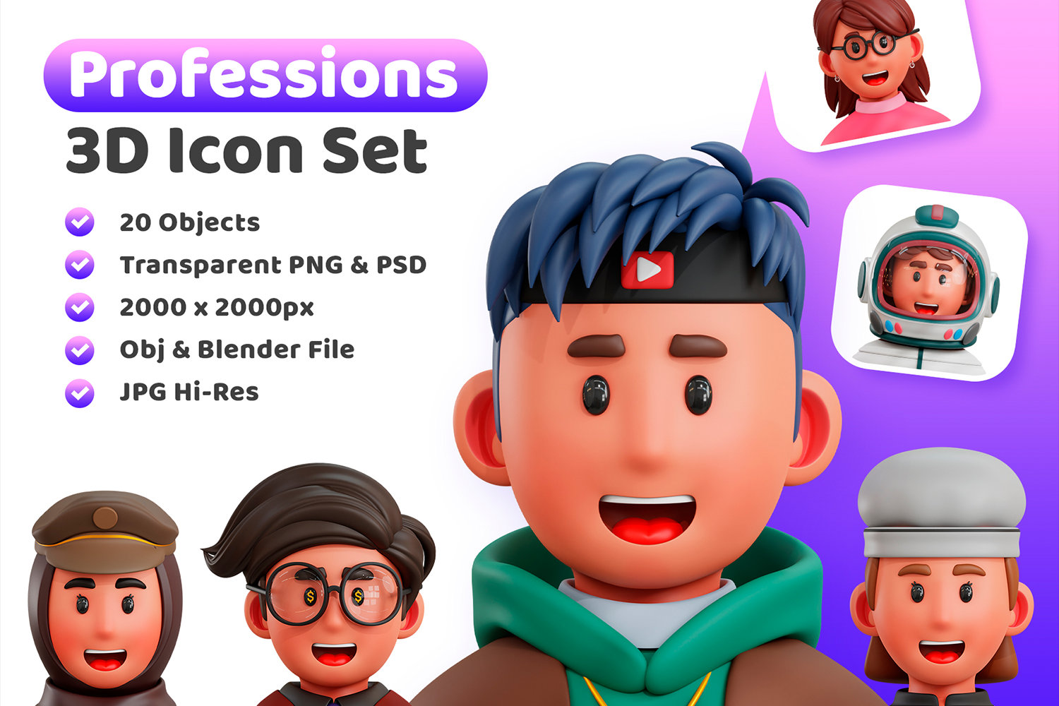 3570 20款趣味时尚3D立体卡通人物头像插图插画png免抠图片设计Blend素材 3d Professions Icon