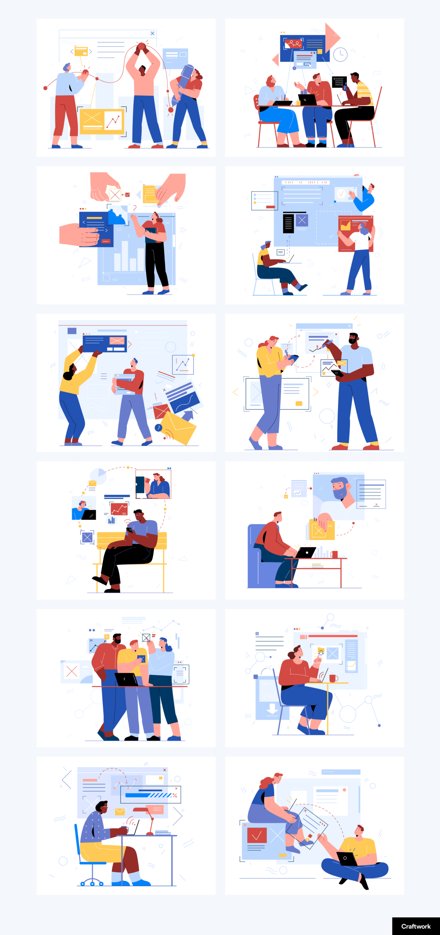 3574 12款扁平化团队合作工作职场手绘人物插画图片国外设计素材 Teammates Illustrations