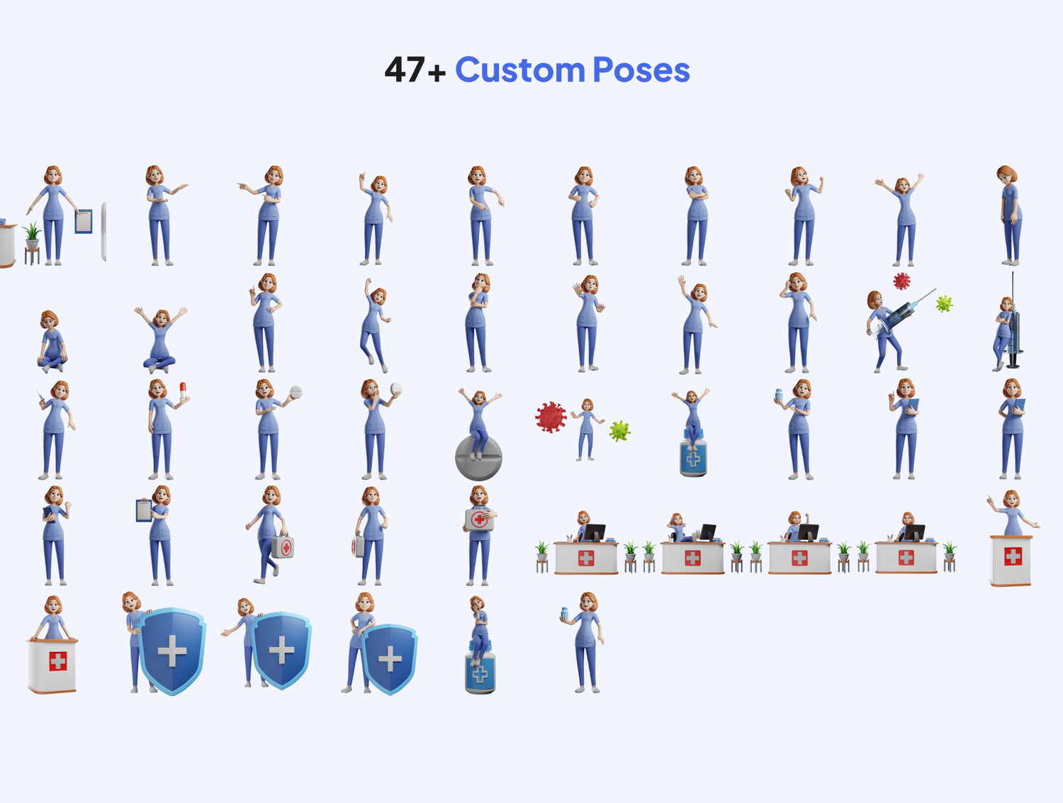 3578 47款3D立体卡通女医生护士人物角色插图插画png免抠图片设计Blend素材 3D Character Nurse Blender UI KIT