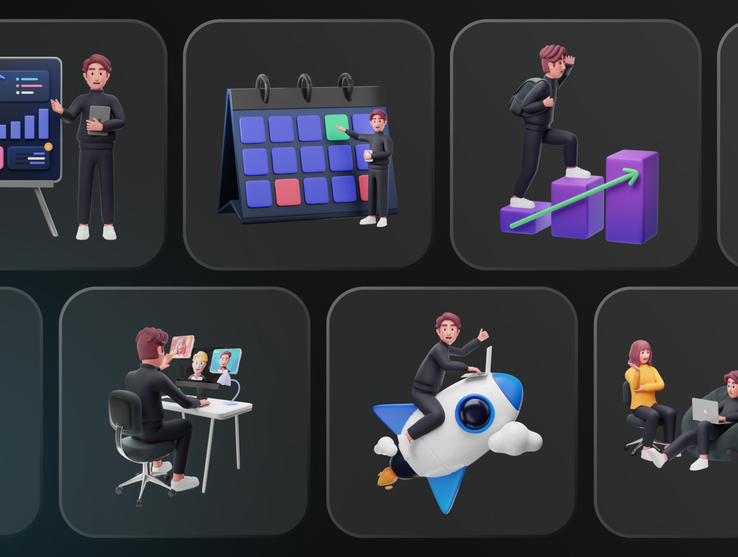 3585 10款3D立体卡通职场工作学习演讲人物插图插画png免抠图片Blend素材Workly – Startup & Work Environment 3D Character