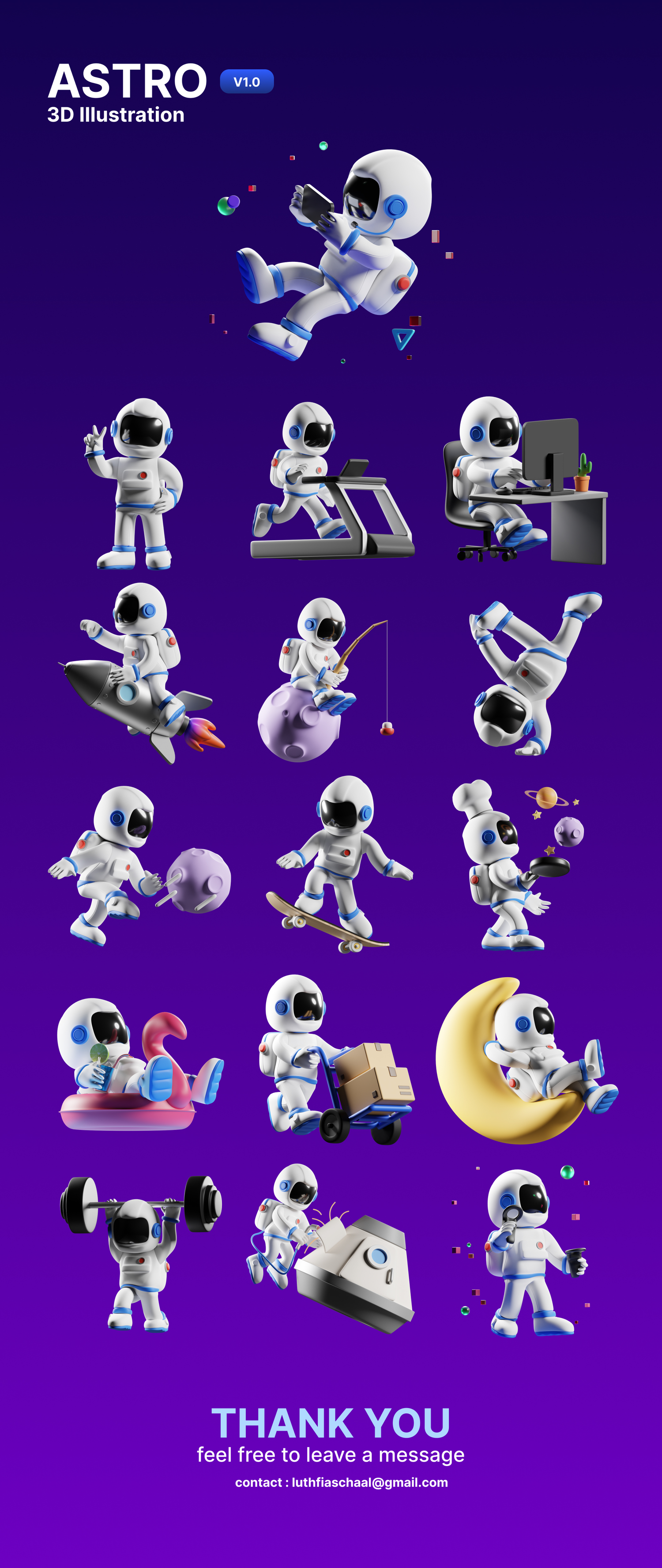 3589 16款3D立体卡通可爱空间站宇航员插图插画png免抠图片设计素材Astro 3D Illustration