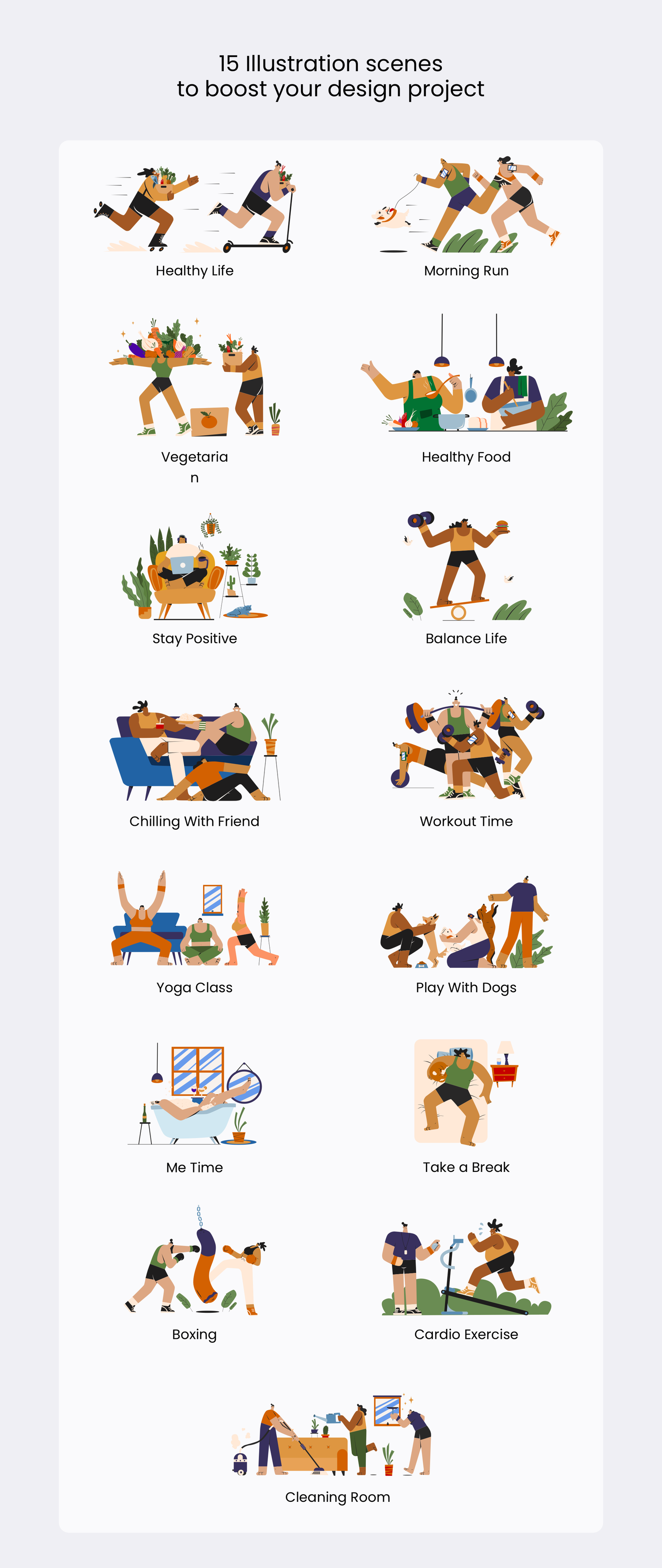 3593 潮流时尚扁平化极简健康锻炼跑步运动健身人物插图插画ai设计素材 Roaster – Healthy Life Illustration