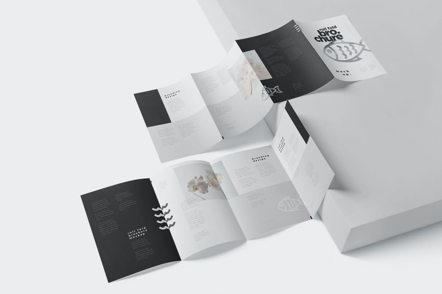 3608 4款A4四折页宣传册设计PSD样机 Roll Fold Brochure Mockup Set – Din A4 A5 A6