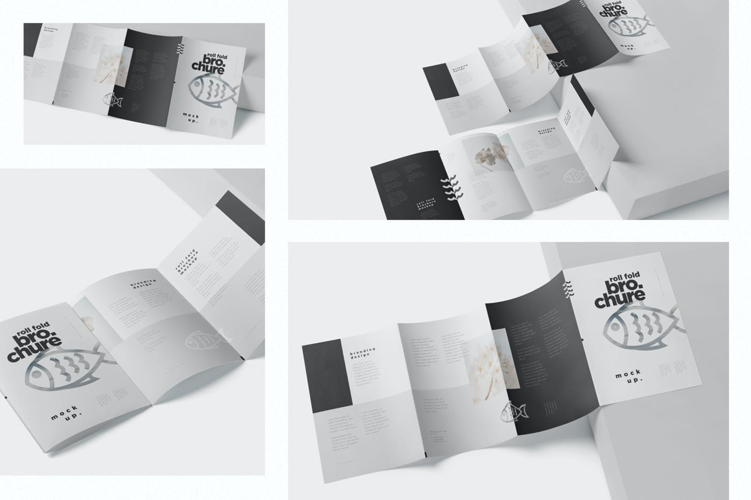3608 4款A4四折页宣传册设计PSD样机 Roll Fold Brochure Mockup Set – Din A4 A5 A6