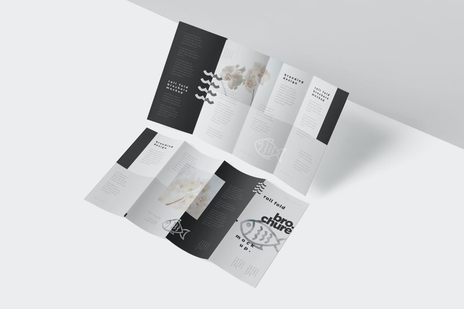 3609 5款4折页宣传册设计PSD样机 Roll-Fold Brochure Mockup – DL DIN Lang Size