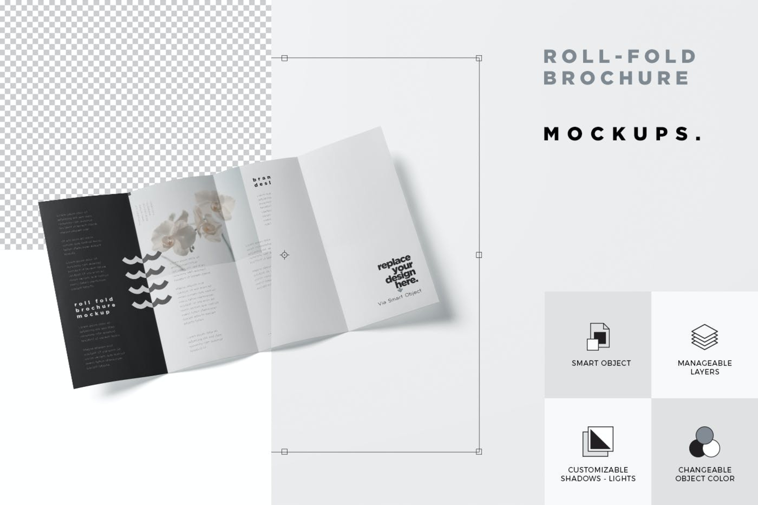 3609 5款4折页宣传册设计PSD样机 Roll-Fold Brochure Mockup – DL DIN Lang Size