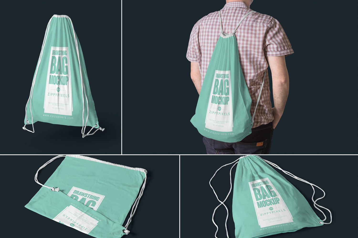 3615 便携式帆布双肩背包口袋PS样机 4 Drawstring Bag Mockups