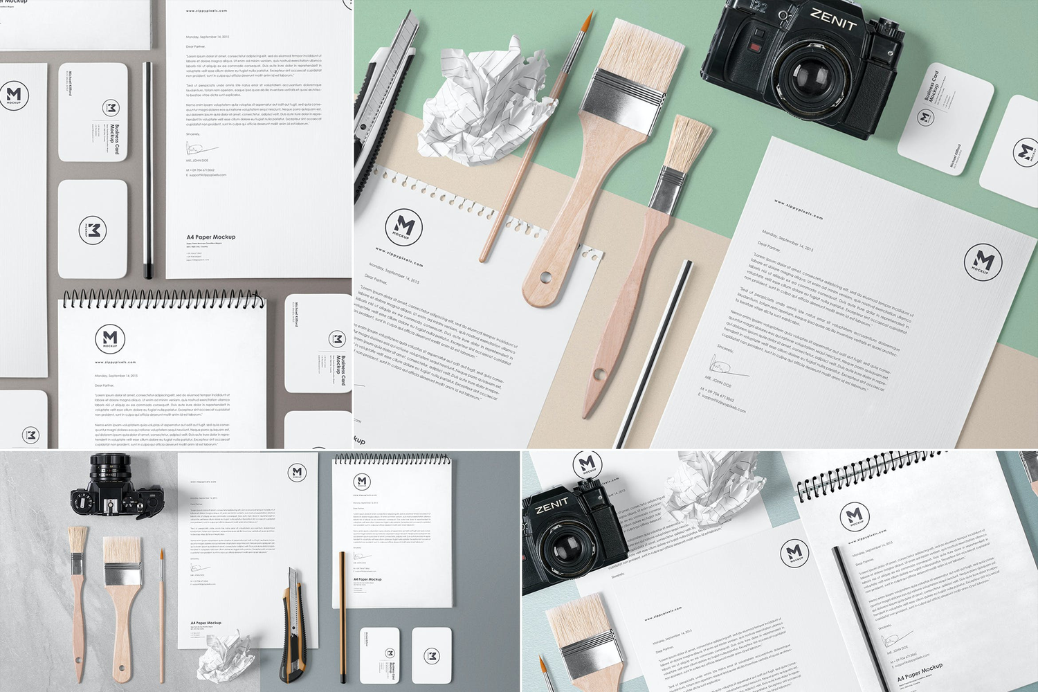 3617 4款摄影品牌VI设计桌面办公文具PS样机 4 Stunning Stationery Mockups Set