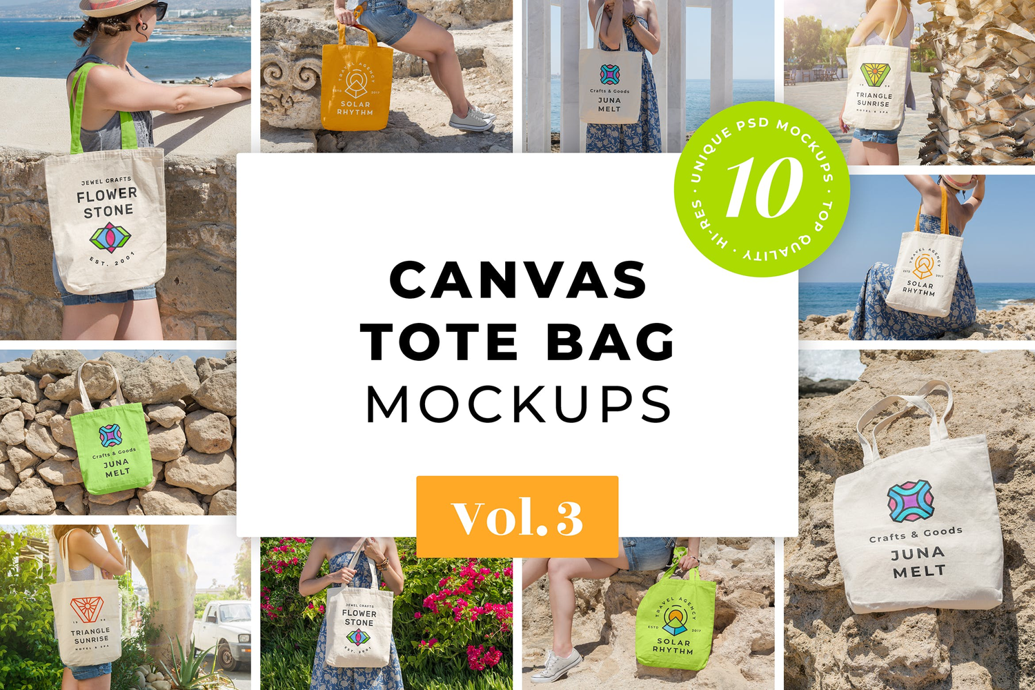 3627 10款海边旅游场景文创产品帆布手提袋设计PS样机 Canvas Tote Bag Mockups Pack Vol. 3