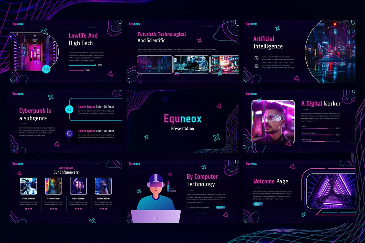 3674 酷炫未来数字艺术NFT赛博朋克多用途Keynote模板 Equneox – Keynote Template