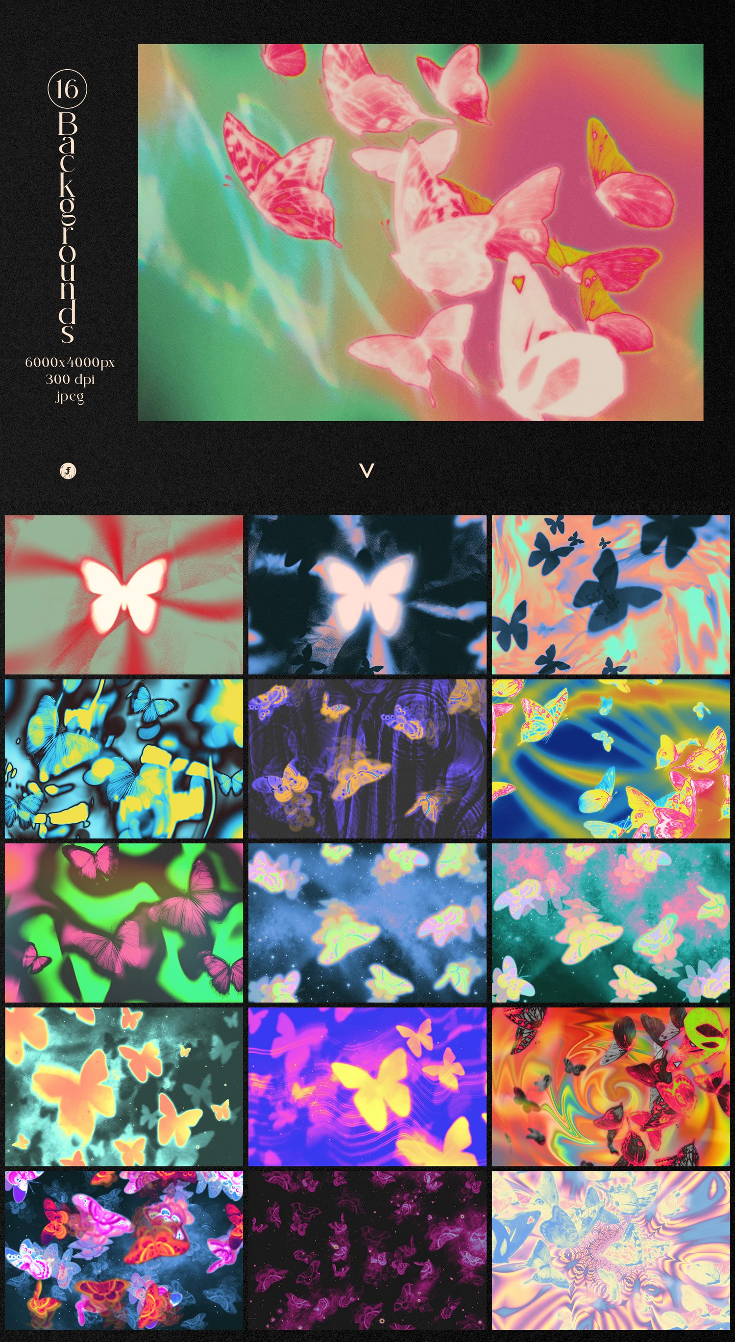3742 16款未来梦幻抽象艺术迷幻蝴蝶科幻创意海报背景底纹图片设计素材 Butterflies – 16 Psychedelic Backgrounds