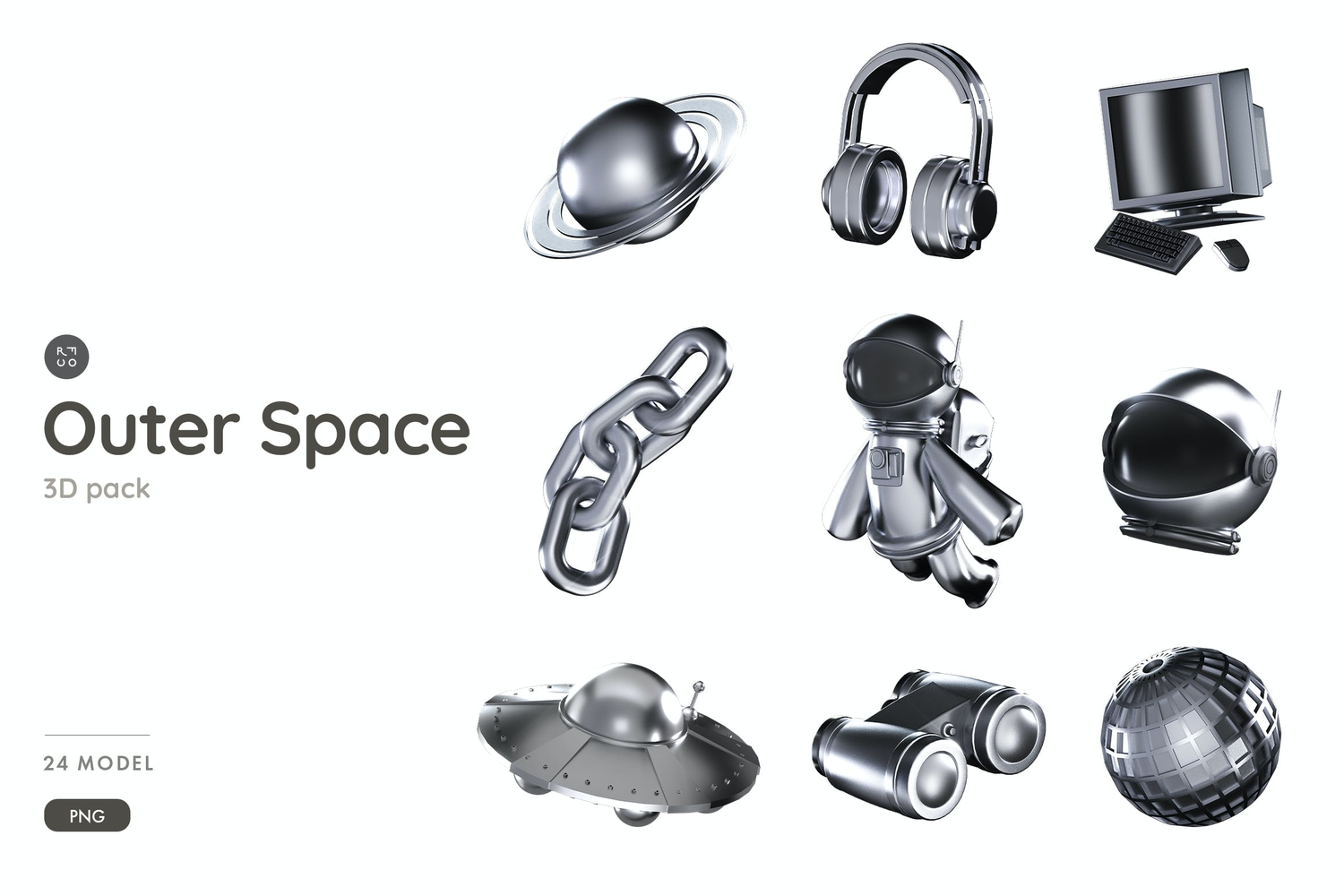 3772 24款酸性金属3D立体宇宙宇航员星球太空主题图标模型素材 Silver Outer Space and Galaxy 3D Pack@GOOODME.COM