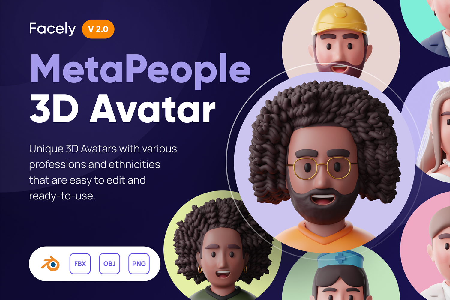 3778 20款3D趣味卡通人物头像PNG-Blender模型UI图标插画插图设计套装Facely V2 – MetaPeople 3D Avatar@GOOODME.COM