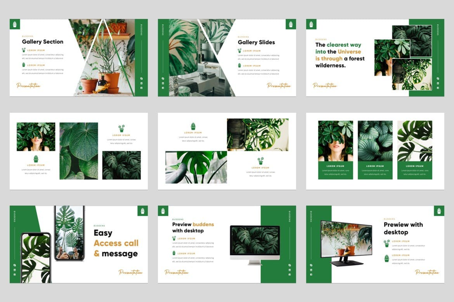 3808 现代极简主义热带绿植创意作品集PPT模板 Buddens – Minimalism Tropical Powerpoint Template