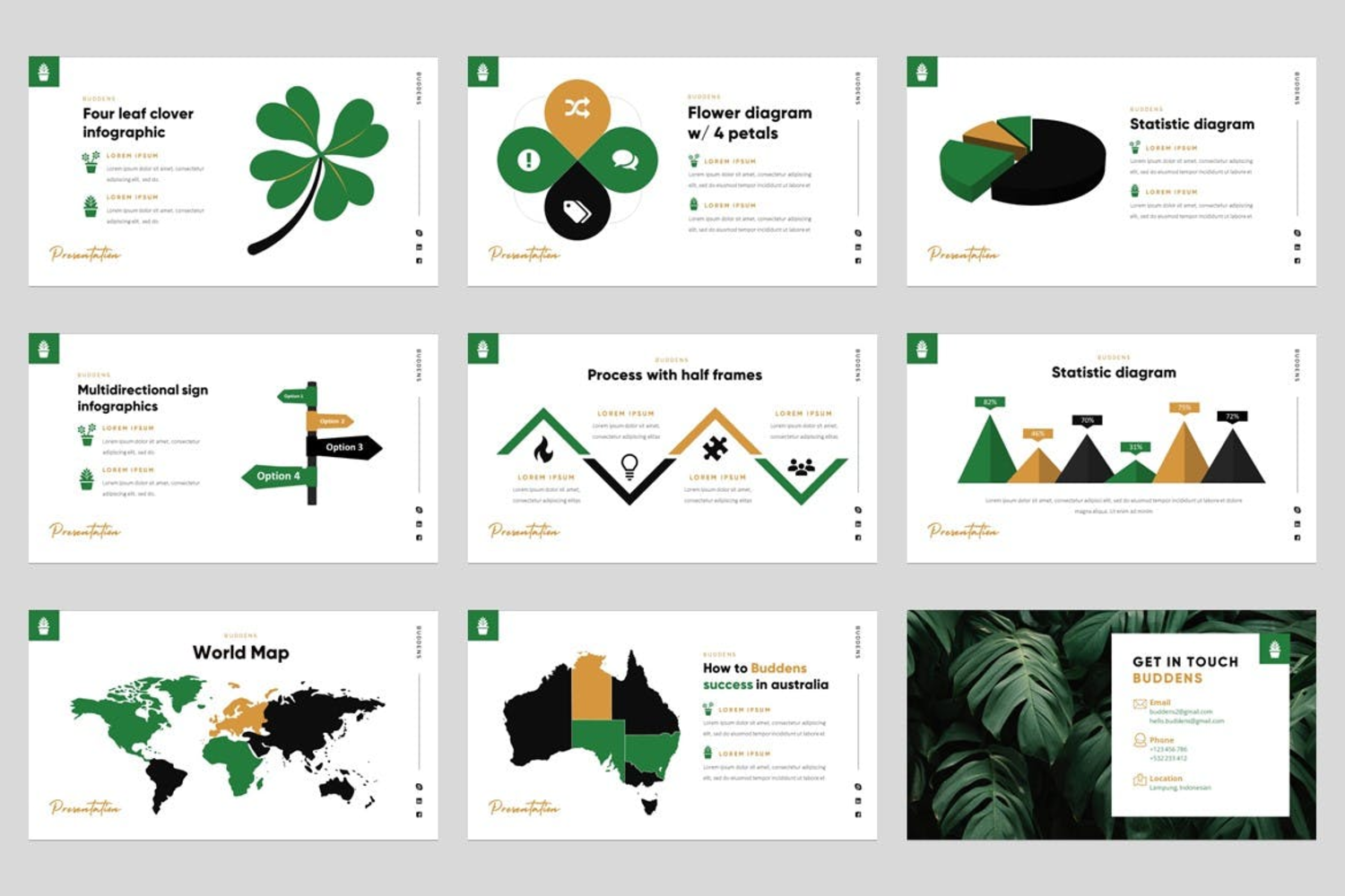 3808 现代极简主义热带绿植创意作品集PPT模板 Buddens – Minimalism Tropical Powerpoint Template