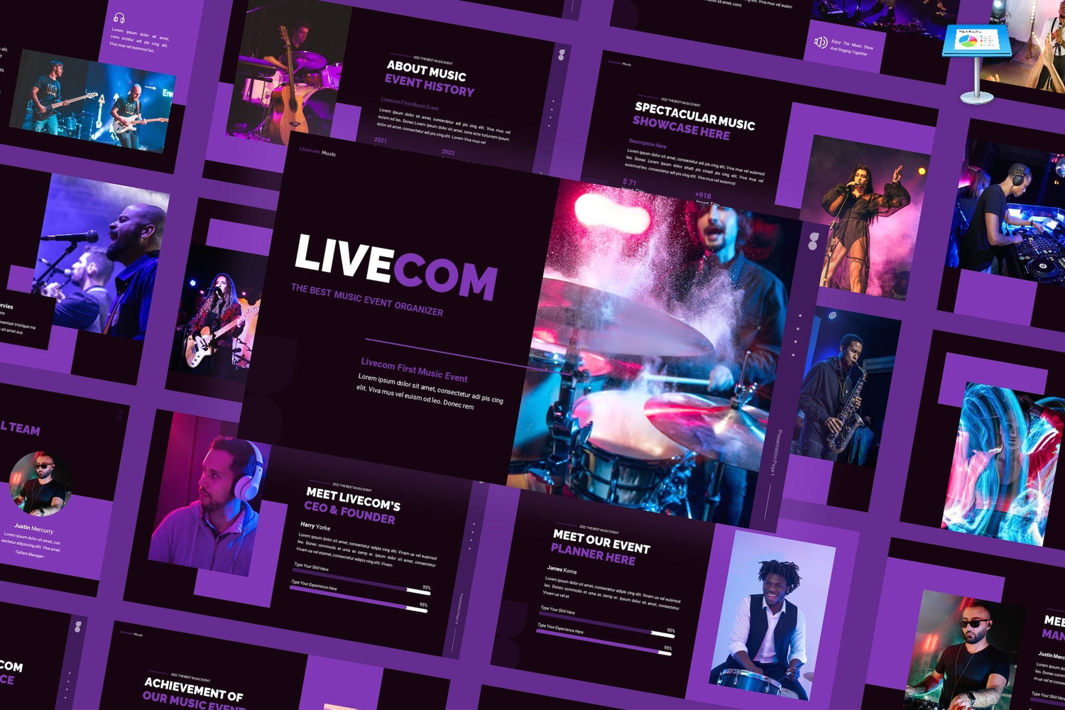 4053 音乐节演唱会舞会晚会活动策划方案相关主题多用途Keynote模板 Livecom – Music Event Keynote Template@GOOODME.COM