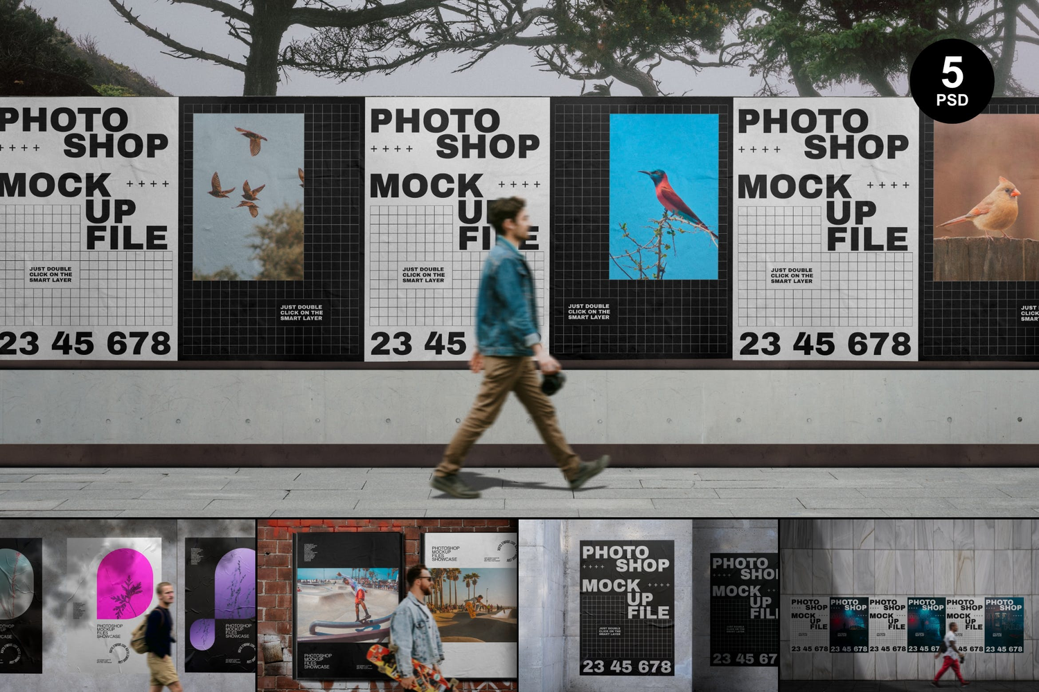 4205 5款户外街景墙面褶皱胶合海报PS样机 Wall Poster Mockup Set@GOOODME.COM