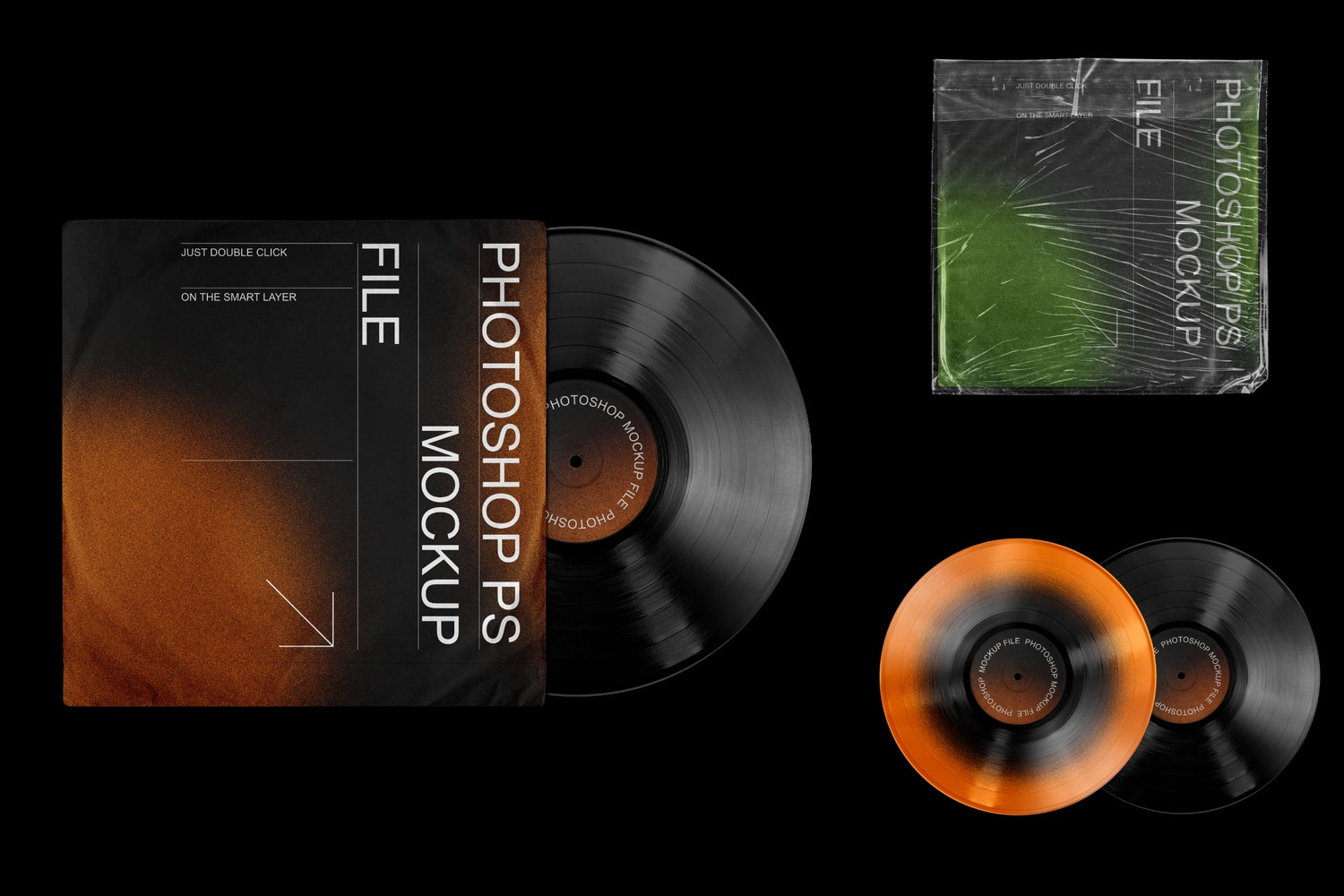 4208 3款质感复古做旧黑胶CD唱片塑料包装PSD设计展示样机套装Vinyl Record Mockup Set@GOOODME.COM