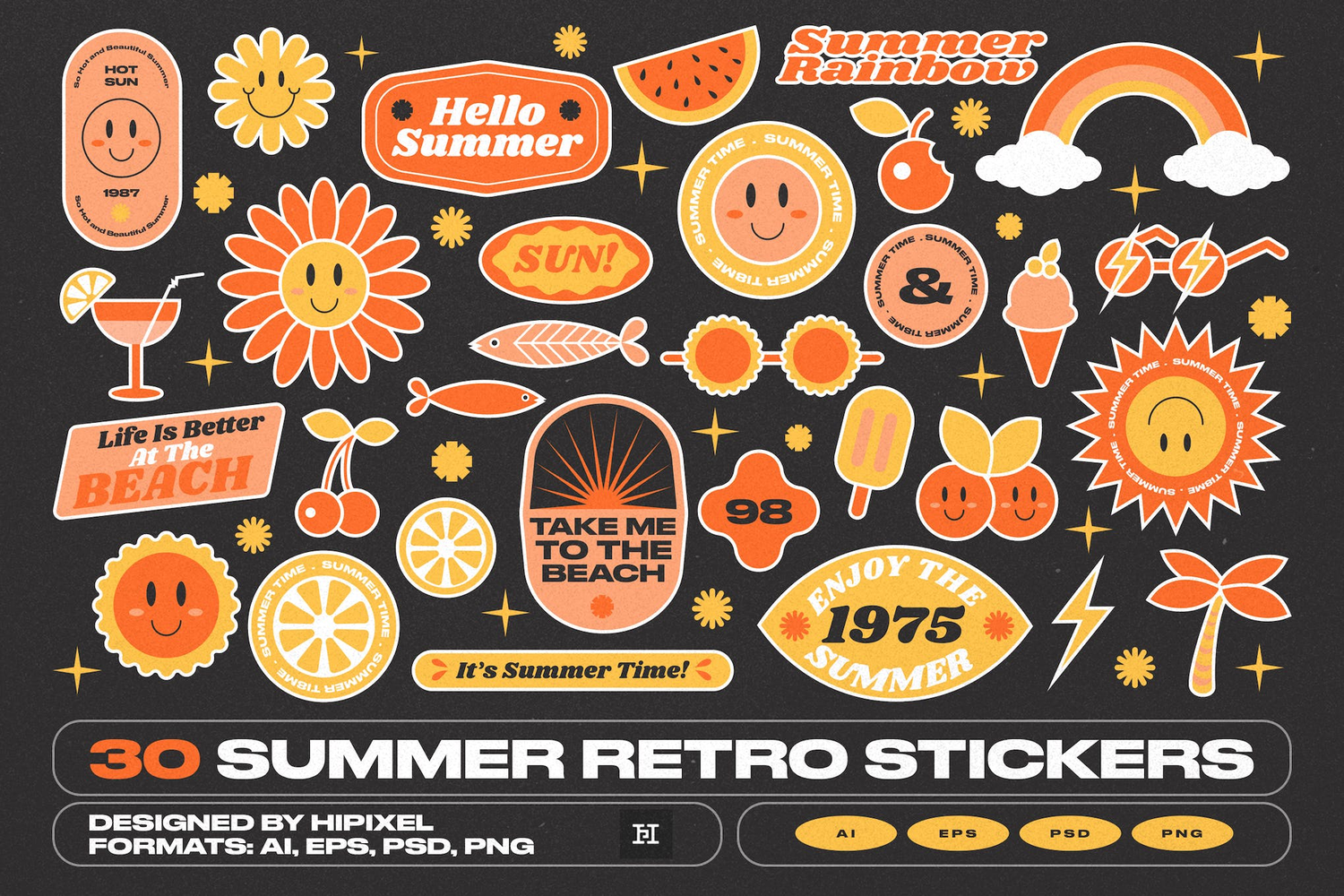 4250 30款夏季复古趣味卡通笑脸表情包AI矢量插画贴纸设计30 Summer Retro Stickers@GOOODME.COM