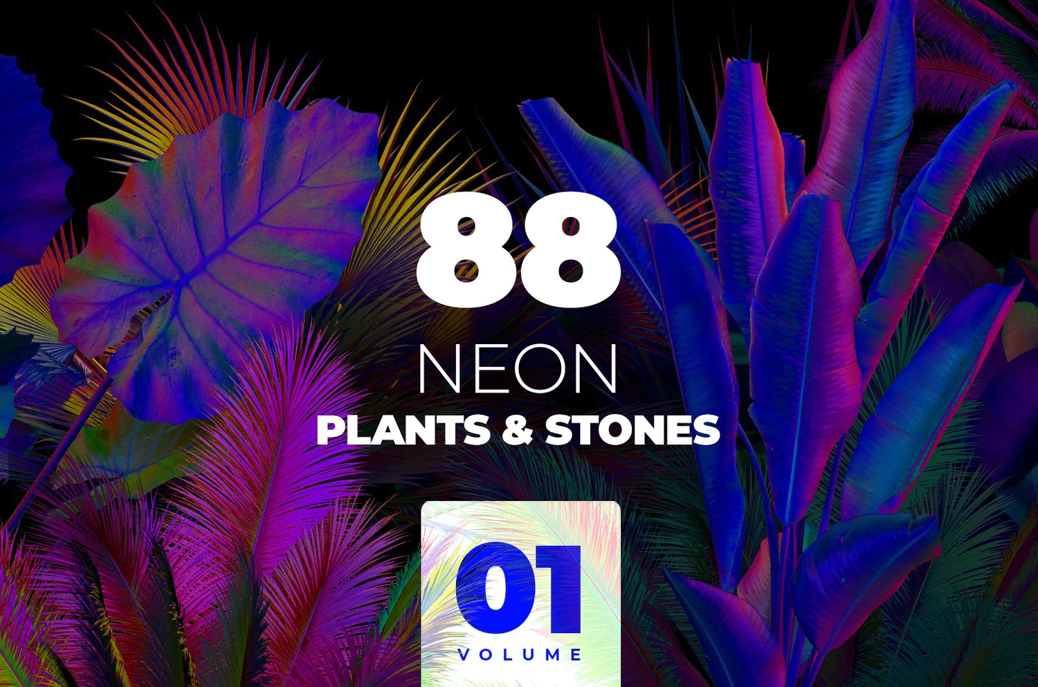4292 抽象Neon霓虹朋克蒸汽波炫彩树叶植物岩石PNG免抠图片素材 NEON Plants & Stones Collection #01@GOOODME.COM